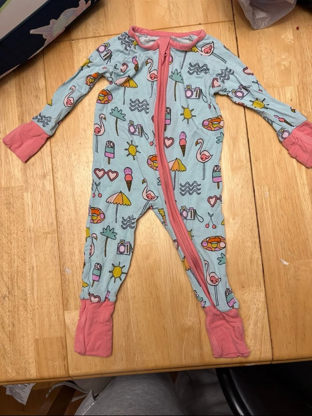 Little Sleepies Light Blue One-Piece Footie with Pink Trim and Beach Motifs